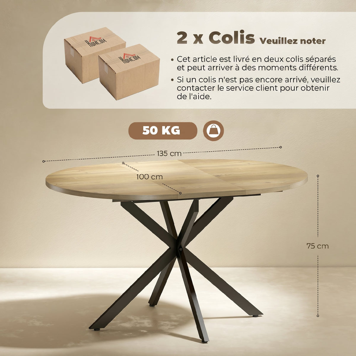 Tavolo da pranzo ovale allungabile per 4-6 persone, tavolo da cucina con allunga 100-135 cm, effetto legno naturale