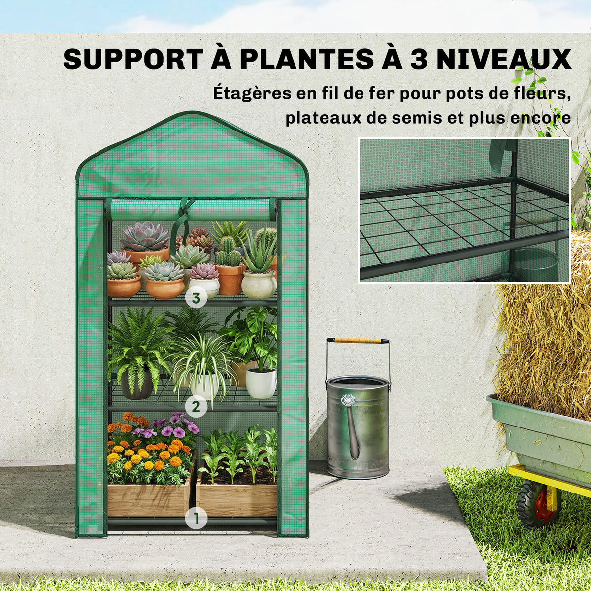Serre de jardin avec étagères 3 niveaux, serre de balcon, bâche renforcée PE, châssis en acier, 59 x 39 x 127 cm, vert