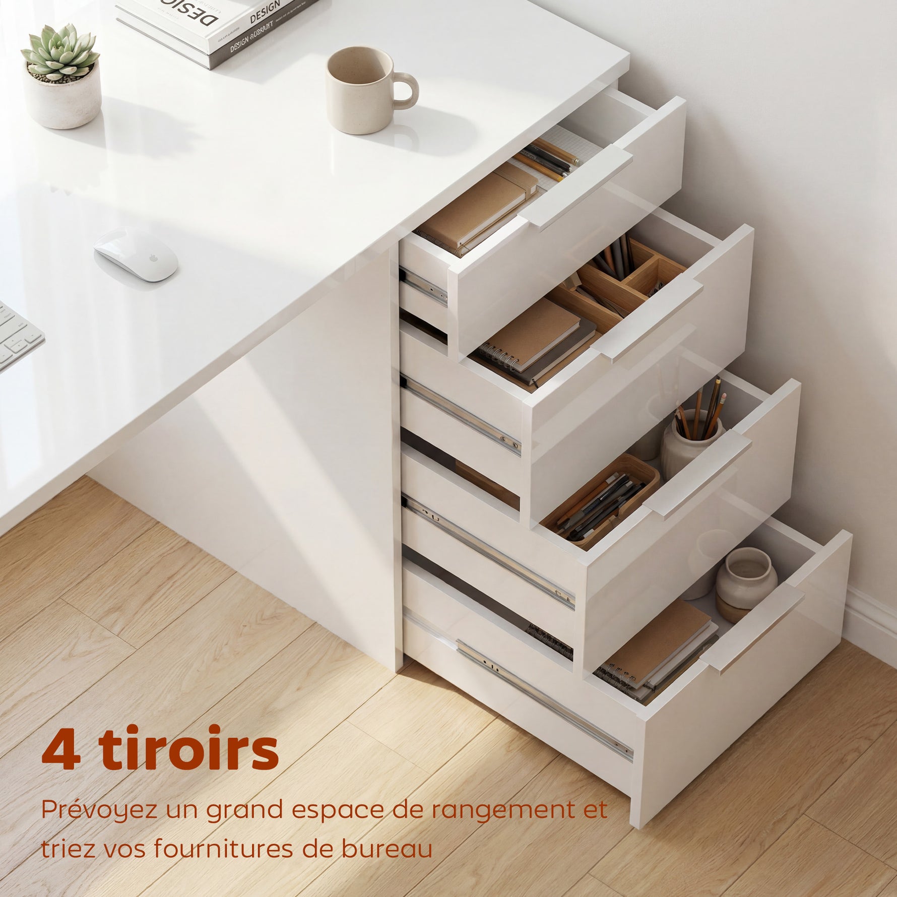 Bureau d'ordinateur à haute brillance avec 4 tiroirs, 110 x 60 cm, bureau avec rangement, style moderne, blanc