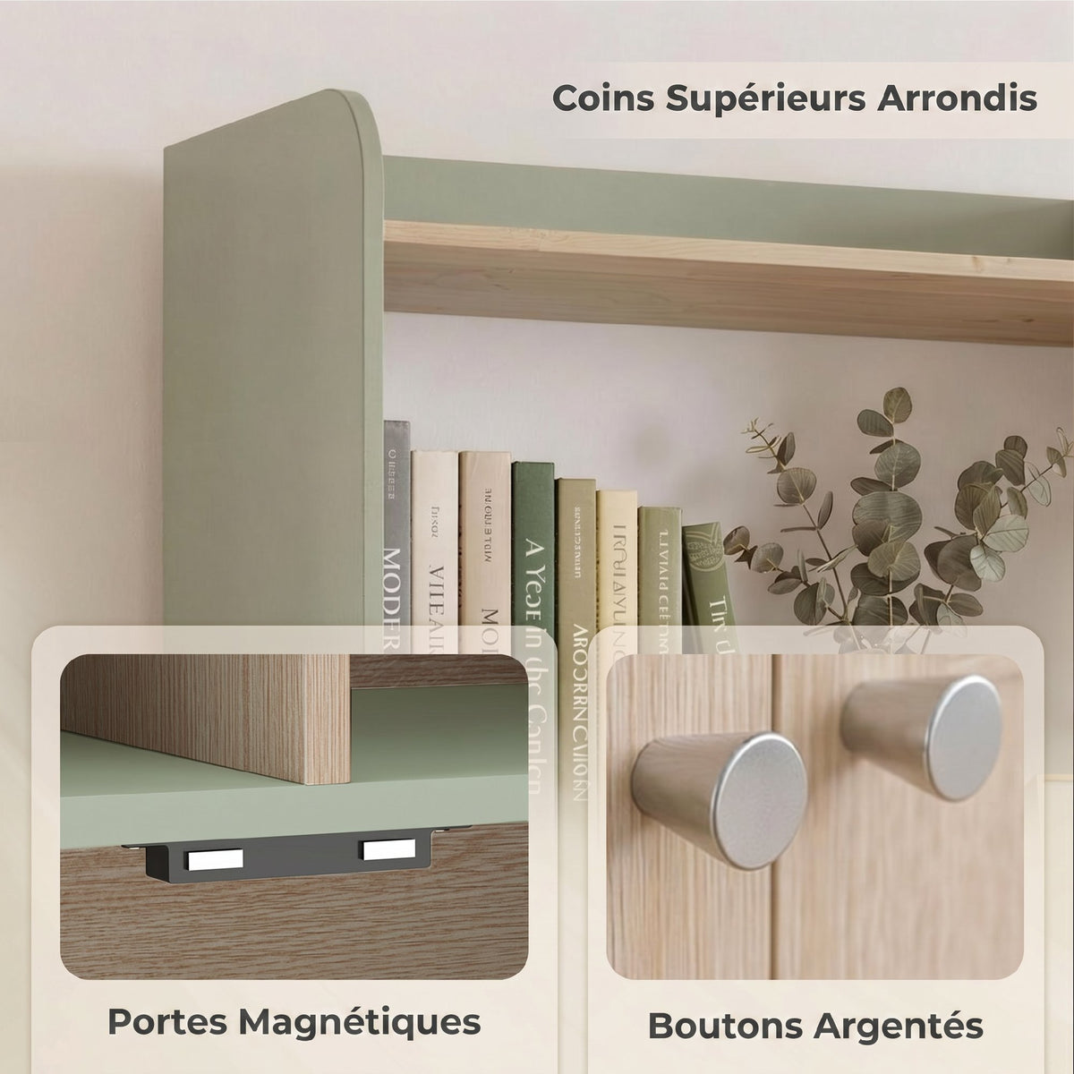 Bibliothèque à 5 niveaux, meuble de rangement, étagère à livres avec 2 portes, 60 x 30 x 161,2 cm vert et bois naturel