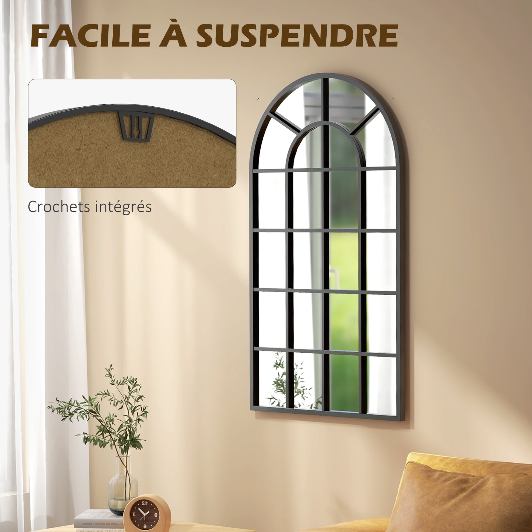 Miroir verrière arche style industriel fenêtre arcade métal 110 x 65 cm noir