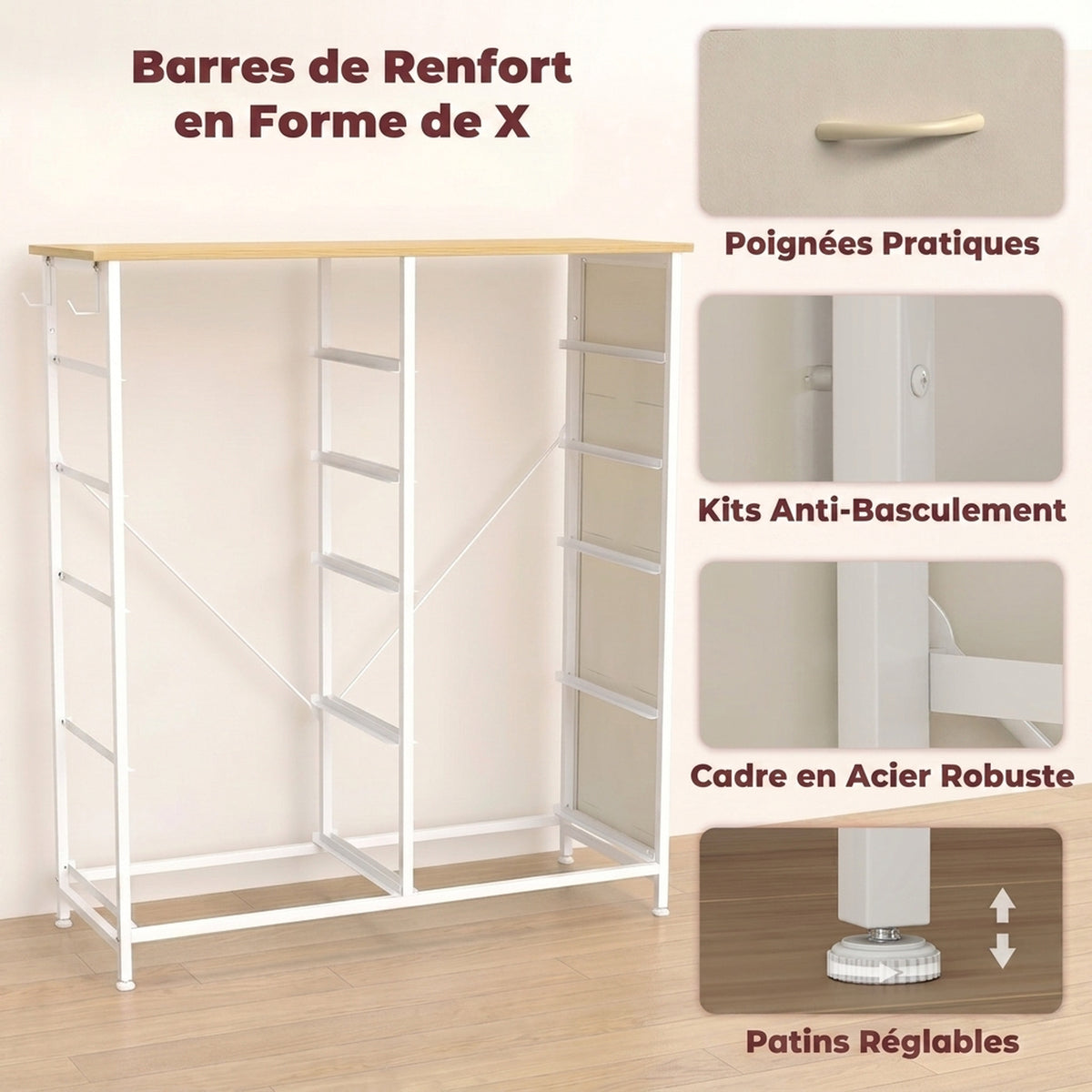Cassettiera a 10 cassetti in tessuto, mobile contenitore con 4 tasche, 2 ganci, struttura in acciaio, 80 x 30 x 94,5 cm, beige