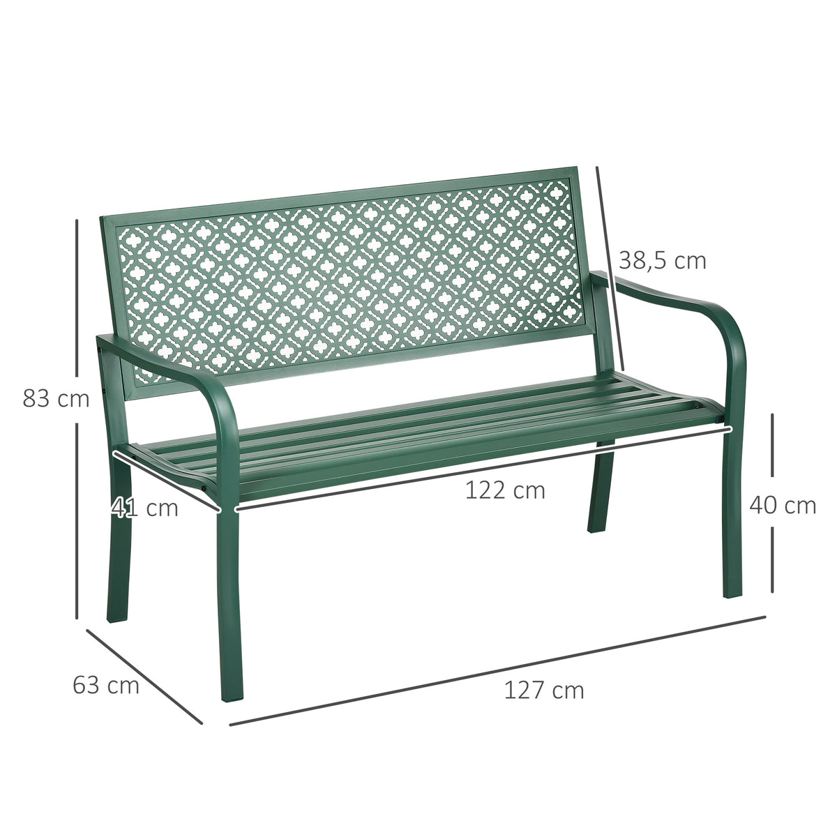 Banc de jardin banc extérieur jardin en acier avec dossier à motif floral pour 2 personnes 127 x 63 x 83 cm vert foncé