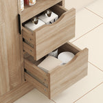 Meuble de salle de bain, meuble de rangement étroit avec 2 tiroirs, compartiments ouverts, 50x25x100cm, bois naturel
