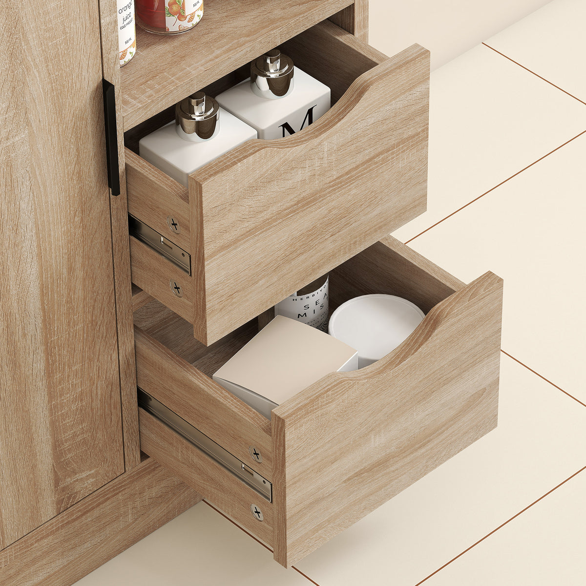 Meuble de salle de bain, meuble de rangement étroit avec 2 tiroirs, compartiments ouverts, 50x25x100cm, bois naturel