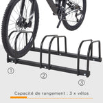 Râtelier 3 vélos -  - rangement pneu 65 mm sol ou mural - pour VTT enfants BMX - 76 x 33 x 27 cm - acier - noir