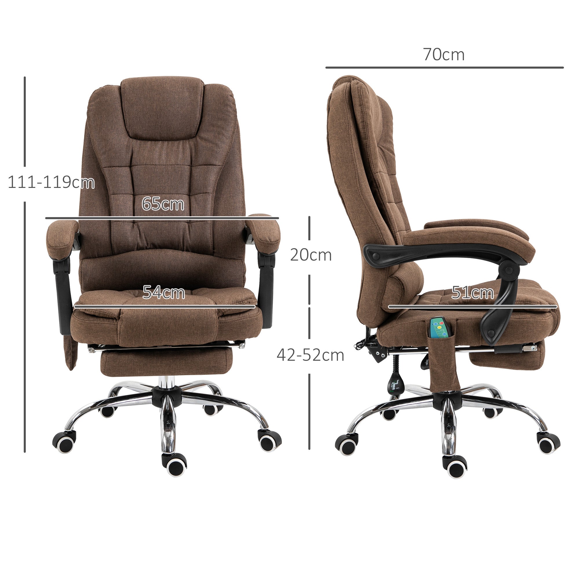 Executive office chair with massage and heating, adjustable height, reclining backrest, footrest + lumbar cushion