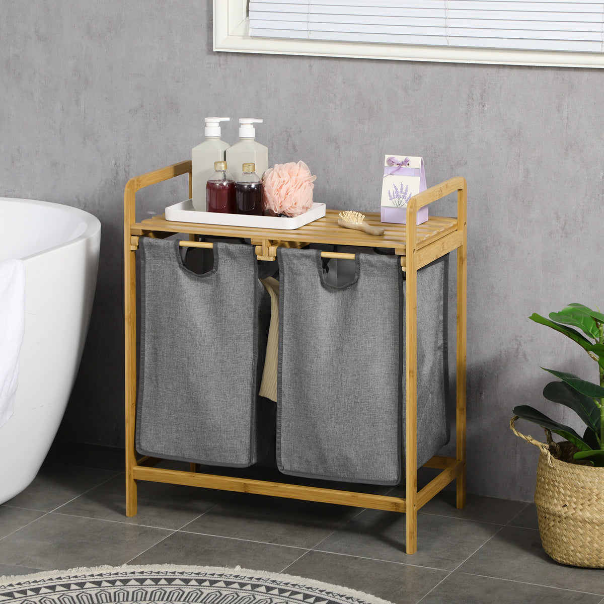 Panier à linge en bambou 2 paniers amovibles et coulissants en non-tissé 63,5 x 33 x 73 cm gris foncé