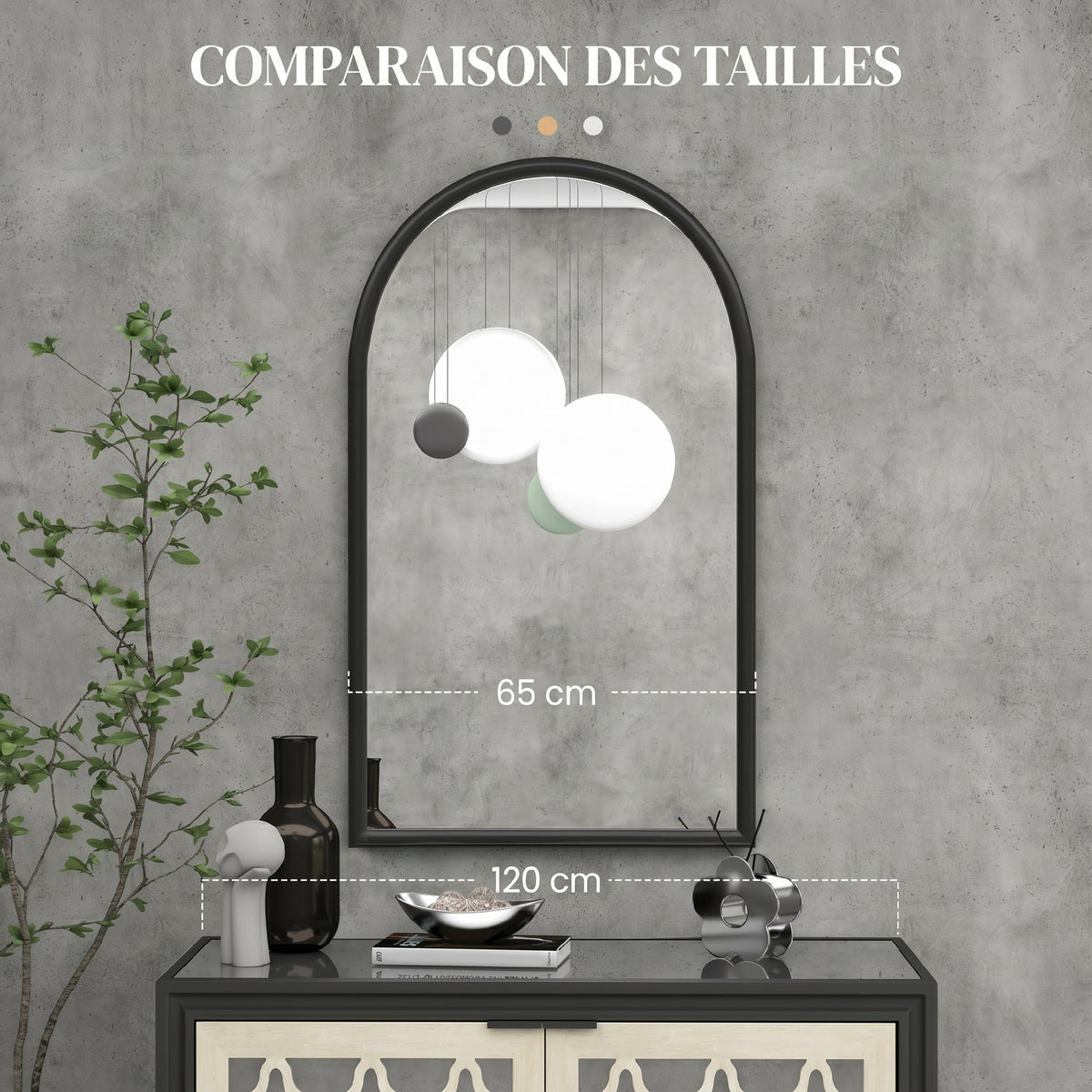 Miroir mural arche, 110 x 65 cm Cadre en bois, Miroir arqué pour le salon, la chambre, l'entrée, noir