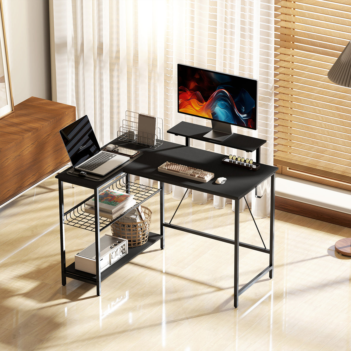Bureau gaming réversible, bureau gaming d'angle, support pour écran, étagère en maille réglable, 114,5x82x91,5cm, noir
