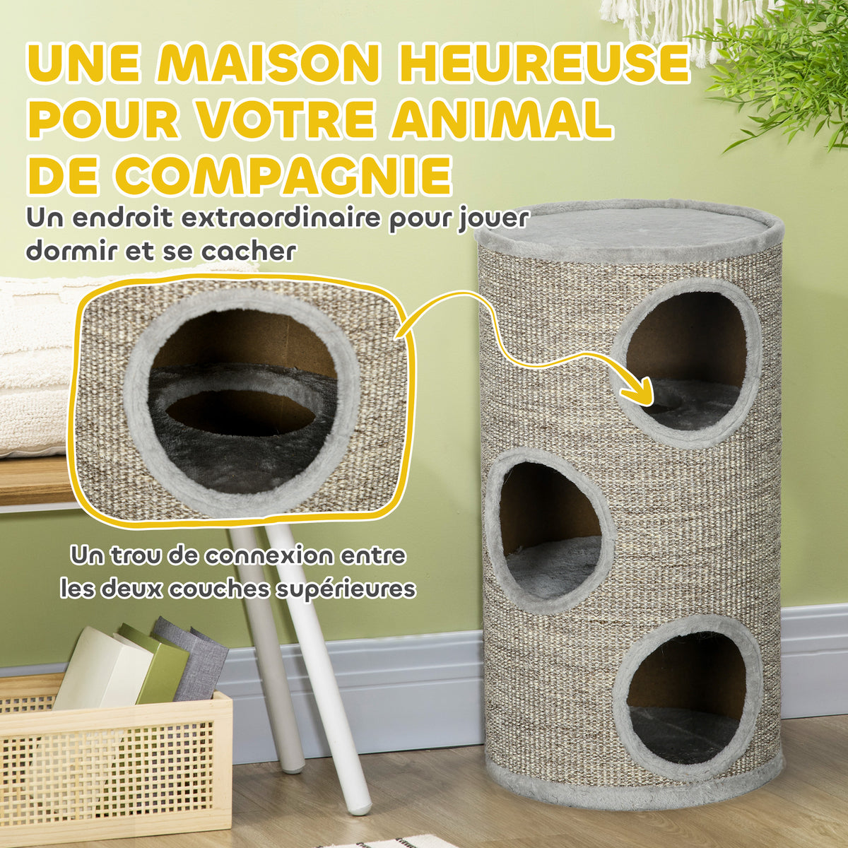 Tonneau à gratter pour chat, tour à griffer en sisal à 3 niveaux recouvert de peluche, Ø 38 x 70 cm, gris