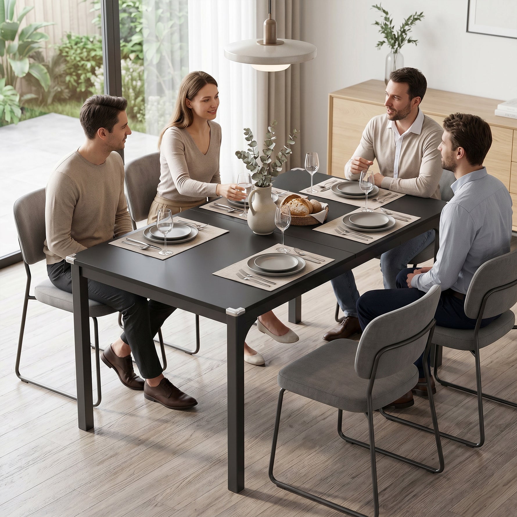 Table à manger extensible de 4 à 6 personnes, pieds en acier, pour petits espaces, salle à manger, noir