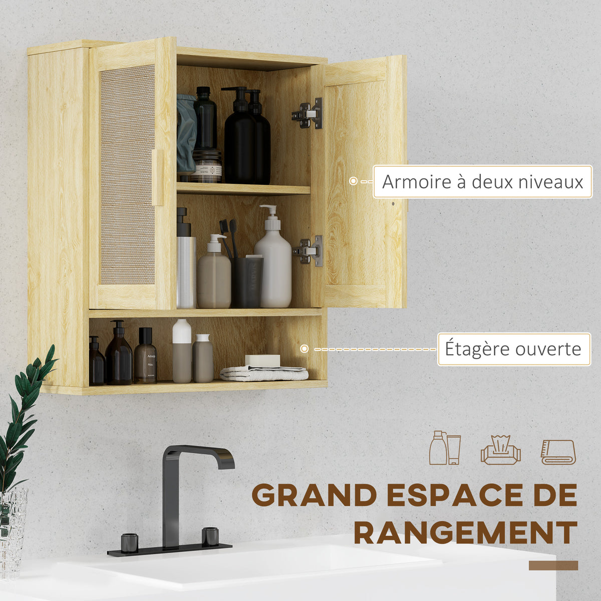 Mobiletto da bagno pensile, mobile WC sospeso con doppia anta e ripiano a giorno 59 x 20 x 66,5 cm effetto legno di quercia