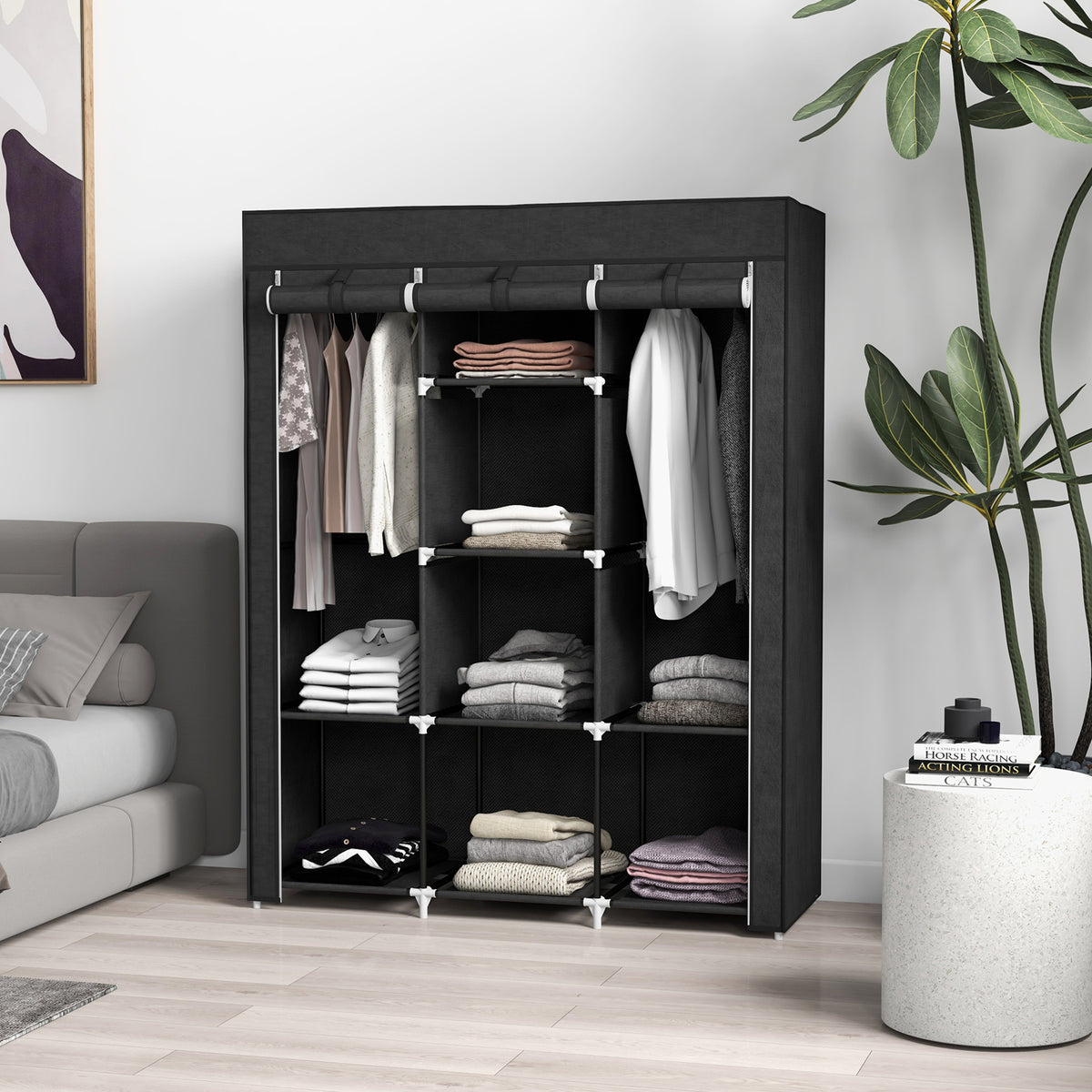 Armoire penderie multi-rangement - 8 étagères, 2 barres - non tissé noir