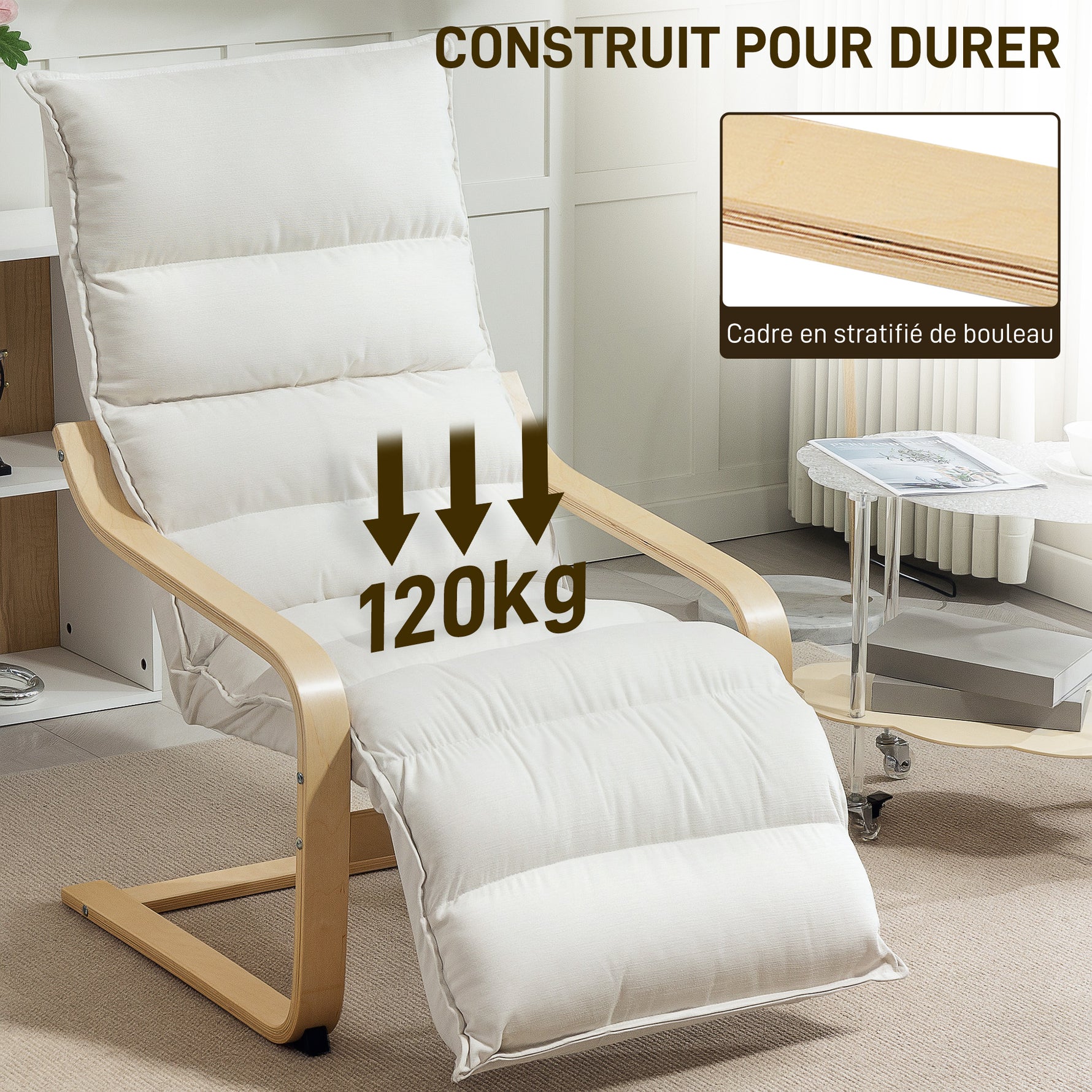 Fauteuil salon, fauteuil d'appoint rembourré en velours, repose-pieds réglable et structure en acier, 67x93x105cm, crème