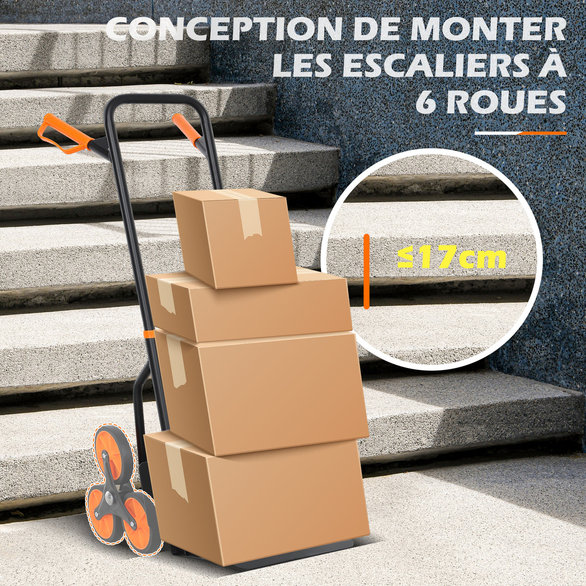 Treppensteiger-Sackkarre klappbar 120 kg 6 Räder, Stahl-Transportkarre mit Spanngurten, 44x67x106,5 cm, orange