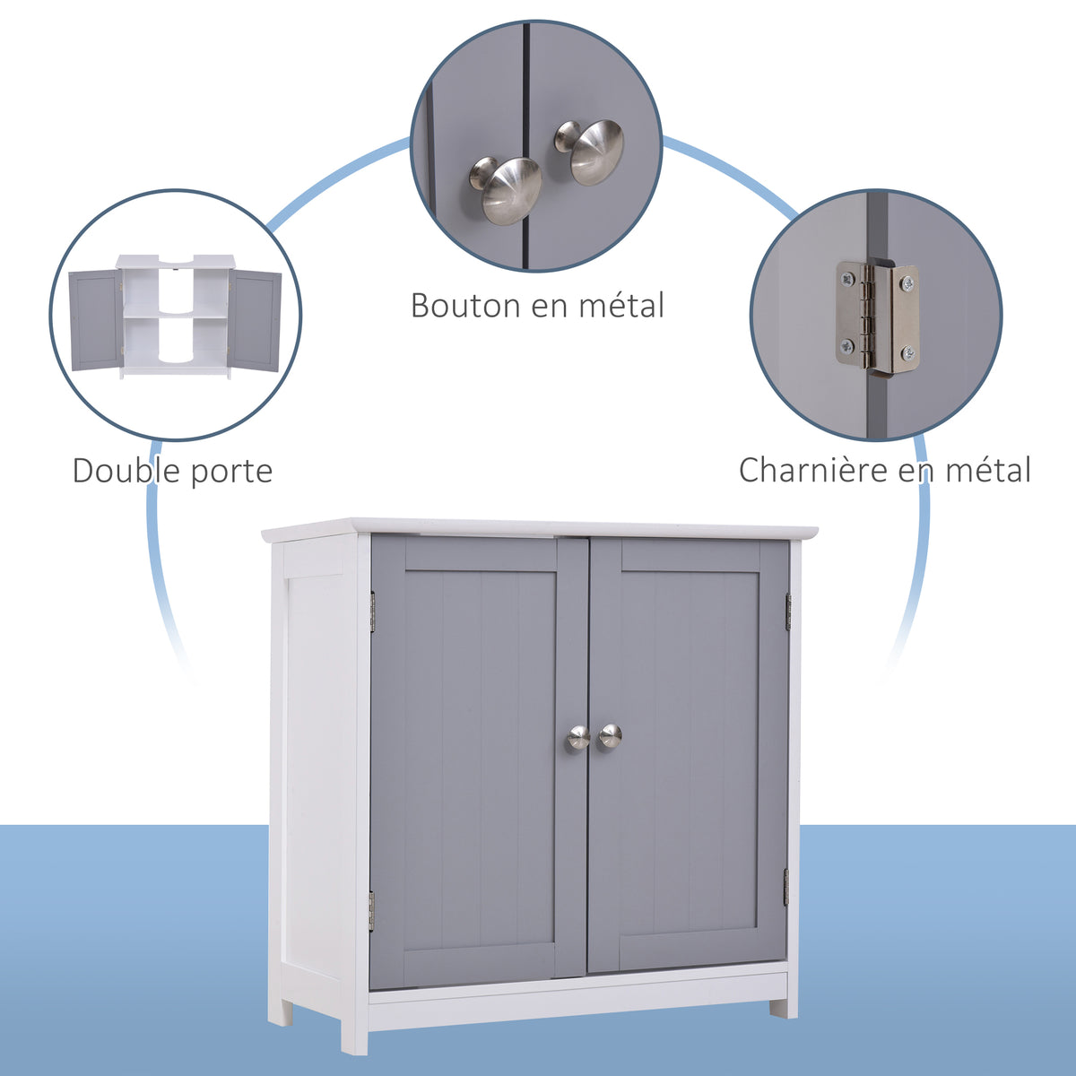 Meuble salle de bain sous lavabo - meuble sous-vasque - placard 2 portes avec étagère - dim. 60L x 30l x 60H cm - en bois gris blanc