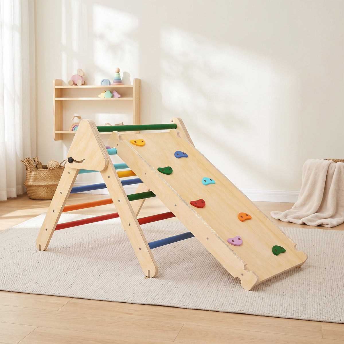 Triangolo da arrampicata per bambini 3 in 1, rampa bifacciale per arrampicarsi e scivolare, portata 50 kg, 147x64,5x63 cm, multicolore