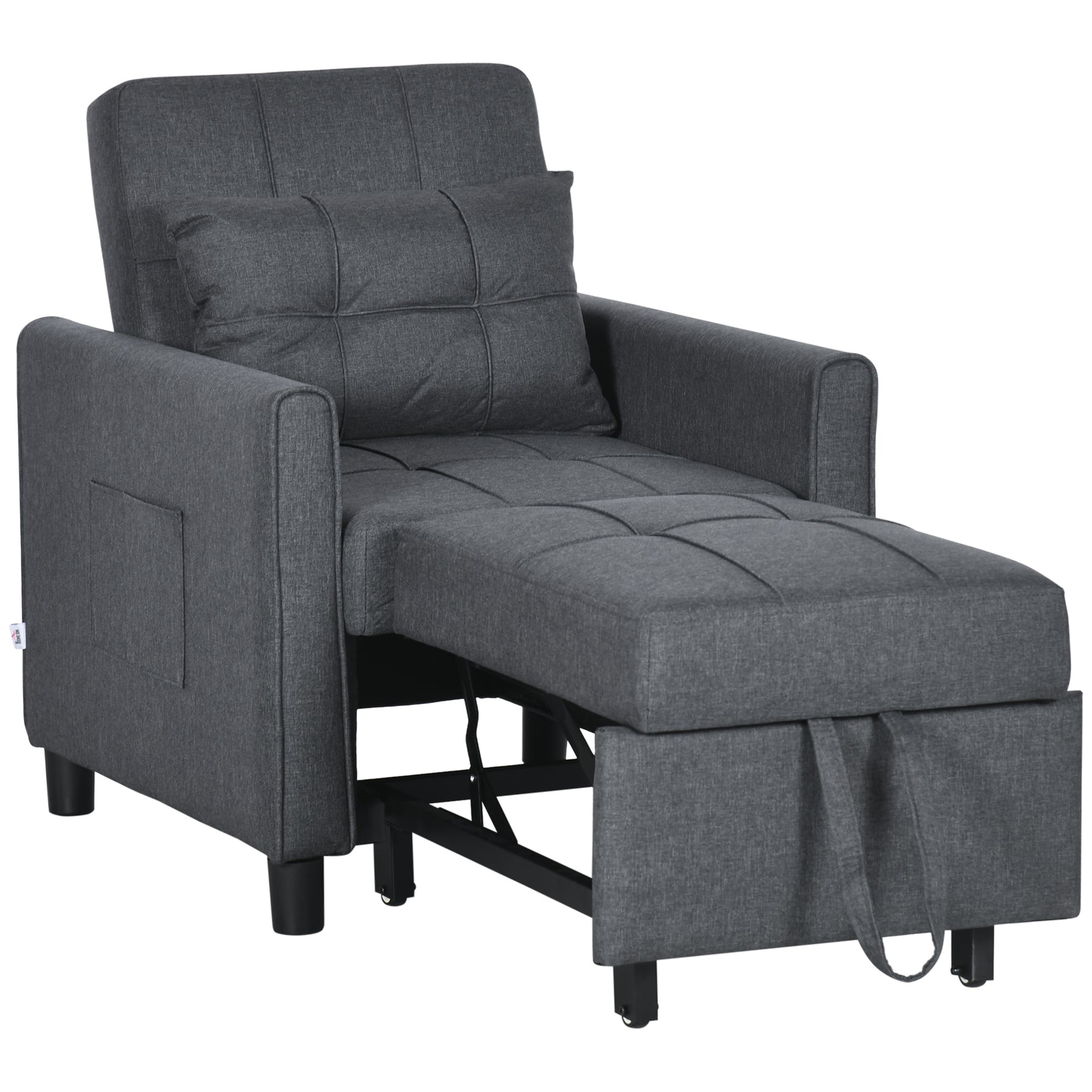 Fauteuil convertible 1 place 3 en 1 dossier réglable en 3 positions oreiller inclus 2 poches latérales 69x82x85cm gris