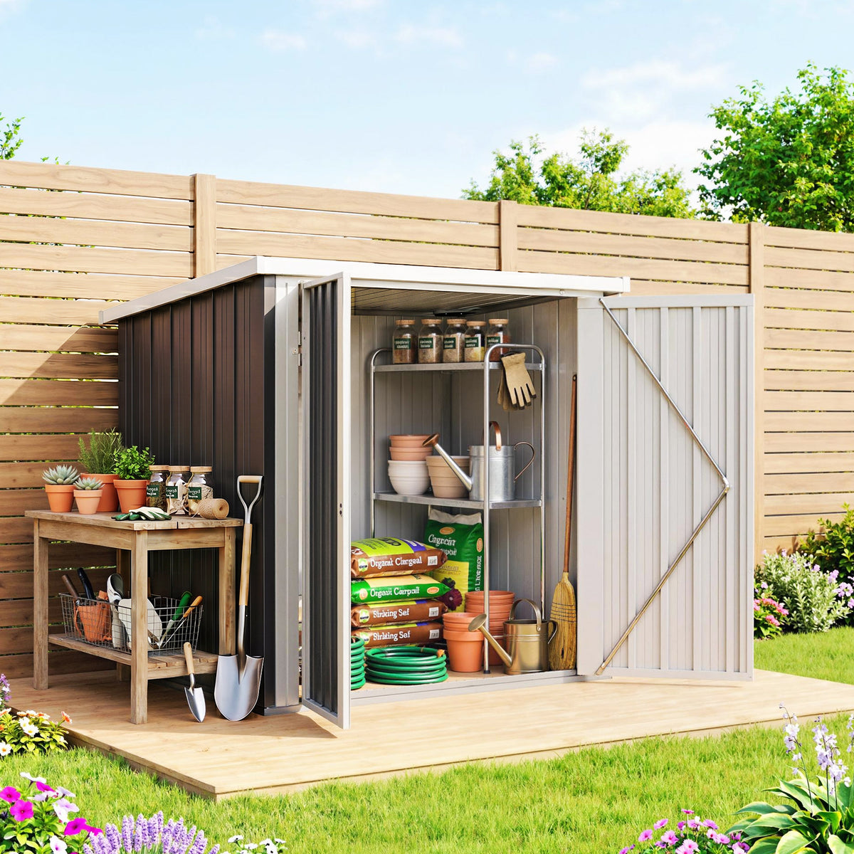 Tuinhuis - tuinhuisje 1,09 m² - gereedschapsberging 2 afsluitbare deuren - afm. 147L x 86B x 134H cm - staalplaat zwart wit