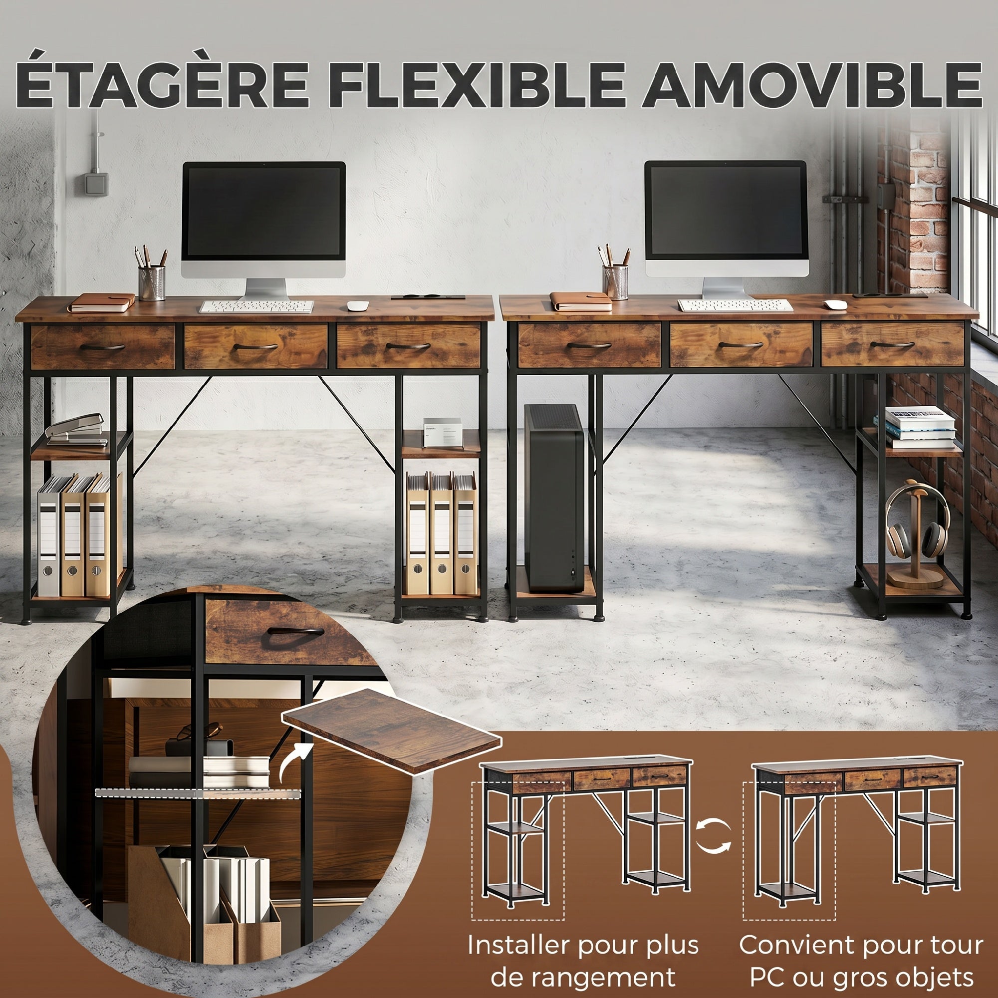 Bureau avec rangement avec prises de courant, 3 tiroirs en tissu et 4 étagères de rangement, 120 x 40 x 76 cm, marron