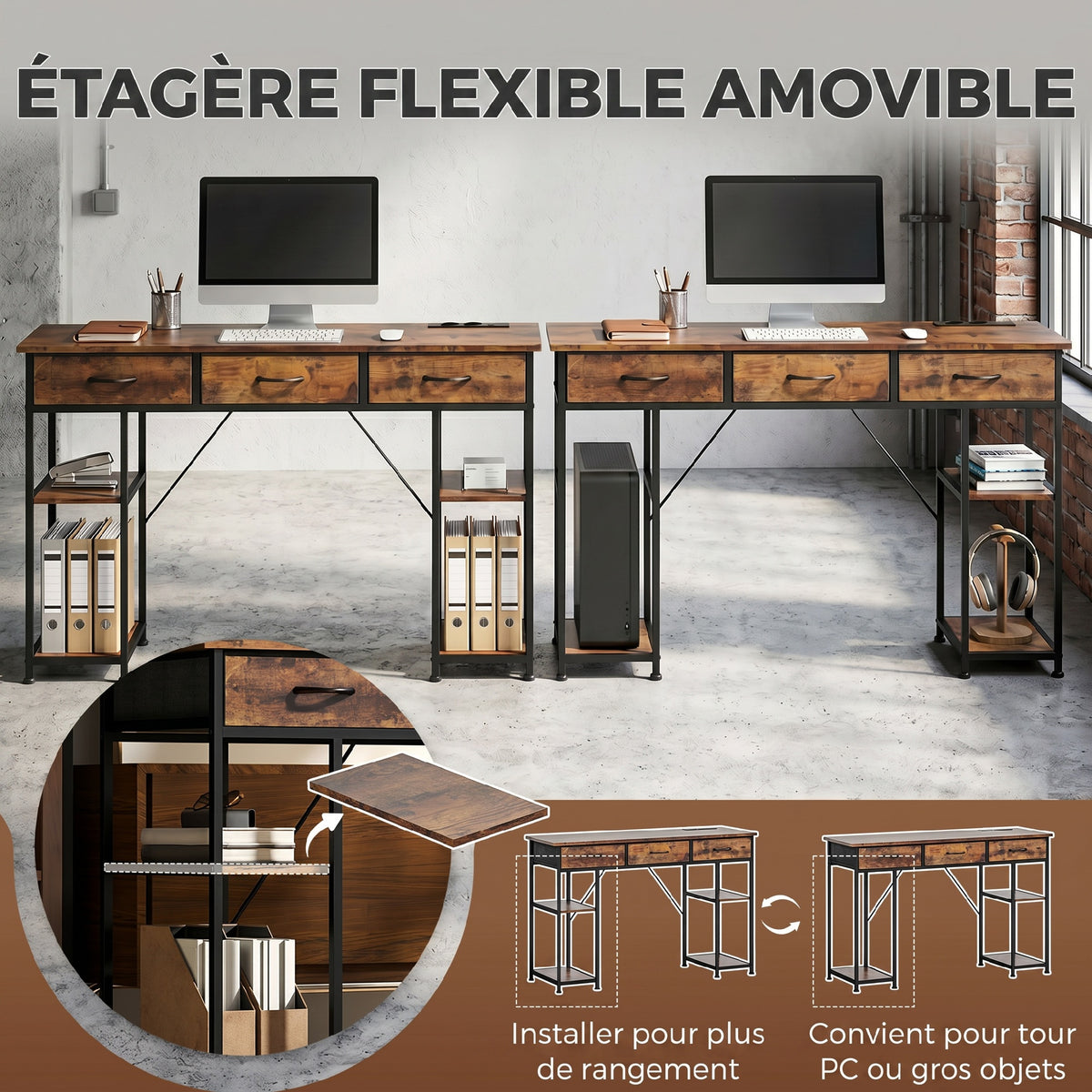 Bureau avec rangement avec prises de courant, 3 tiroirs en tissu et 4 étagères de rangement, 120 x 40 x 76 cm, marron