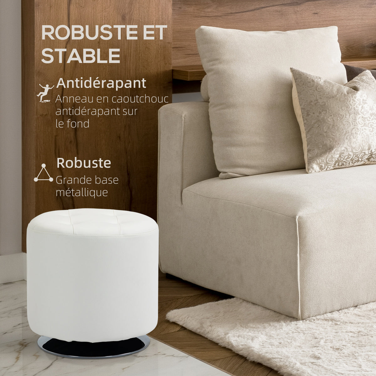 Repose pied salon pivotant à 360°, ottoman rond rembourré en PU avec base en acier, Ø 45,5 x 44,5 cm, blanc