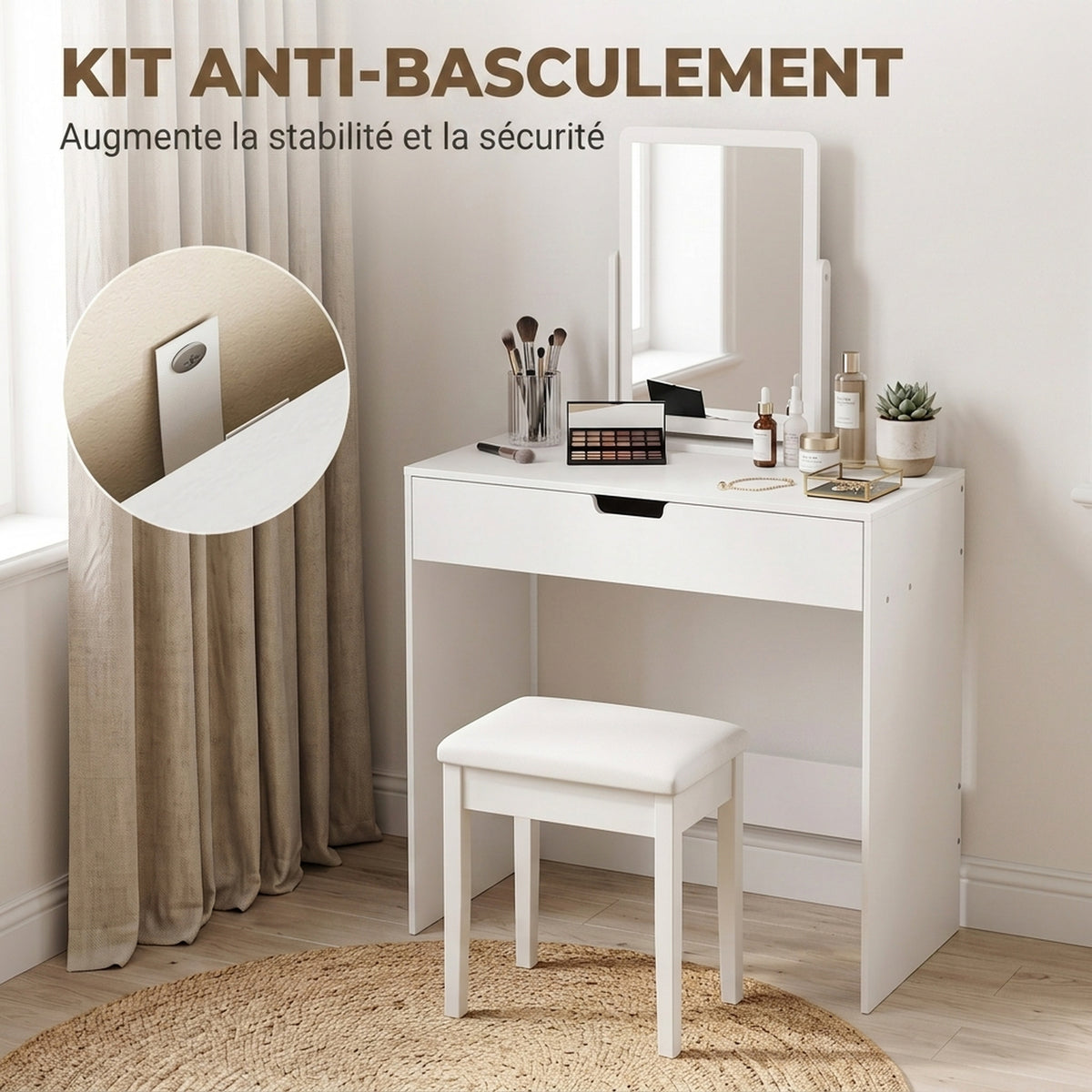 Dressing table with drawer, modern makeup table, for bedroom, 75 x 40 x 75 cm, white