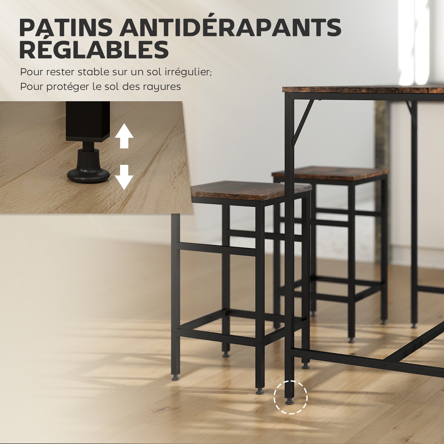 Ensemble table de bar industriel + 4 tabourets repose-pieds en bois couleur chêne cadre en métal noir