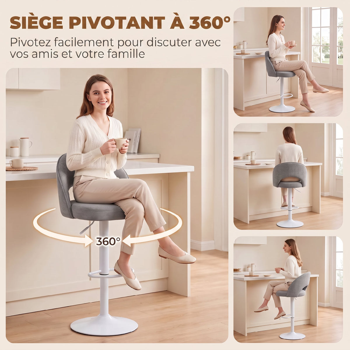 Lot de 2 Tabourets de Bar, Chaises de Bar Réglables en Hauteur, Assise Rembourrée en Chenille, Pivotant 360°, Gris