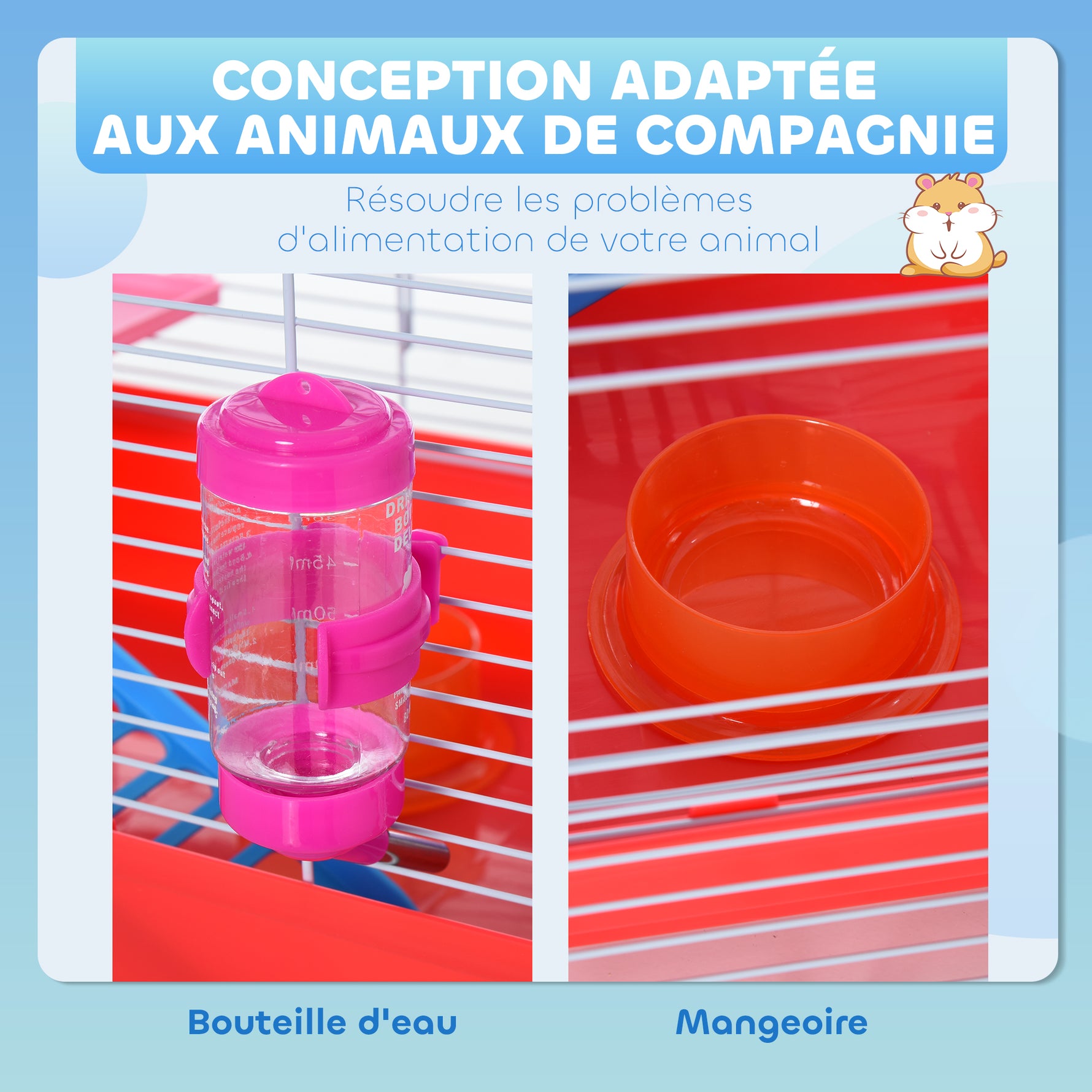 Cage hamster, cage rongeur à 2 niveaux, base amovible nettoyage facile, cabane, roue d'exercice, 47 x 30 x 27 cm, blanc