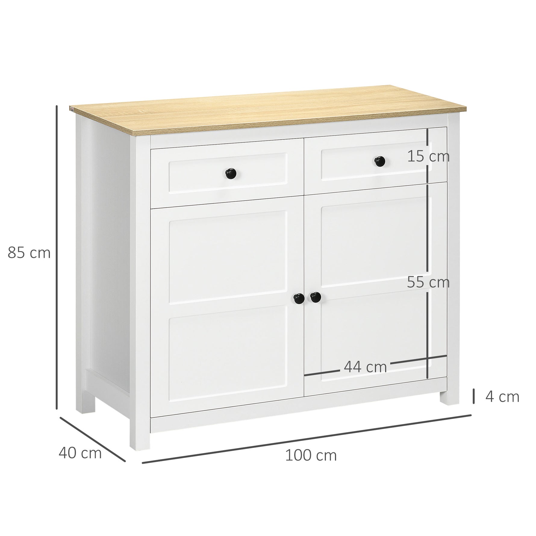 Commode meuble de rangement 2 portes avec étagère réglable en hauteur 2 tiroirs 100 x 40 x 85 cm blanc et aspect bois