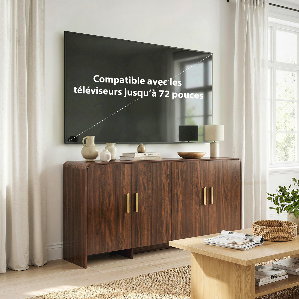 Credenza da cucina, mobile contenitore con 4 ante a chiusura ammortizzata, 4 scomparti e bordi arrotondati, 152x40x80cm, noce