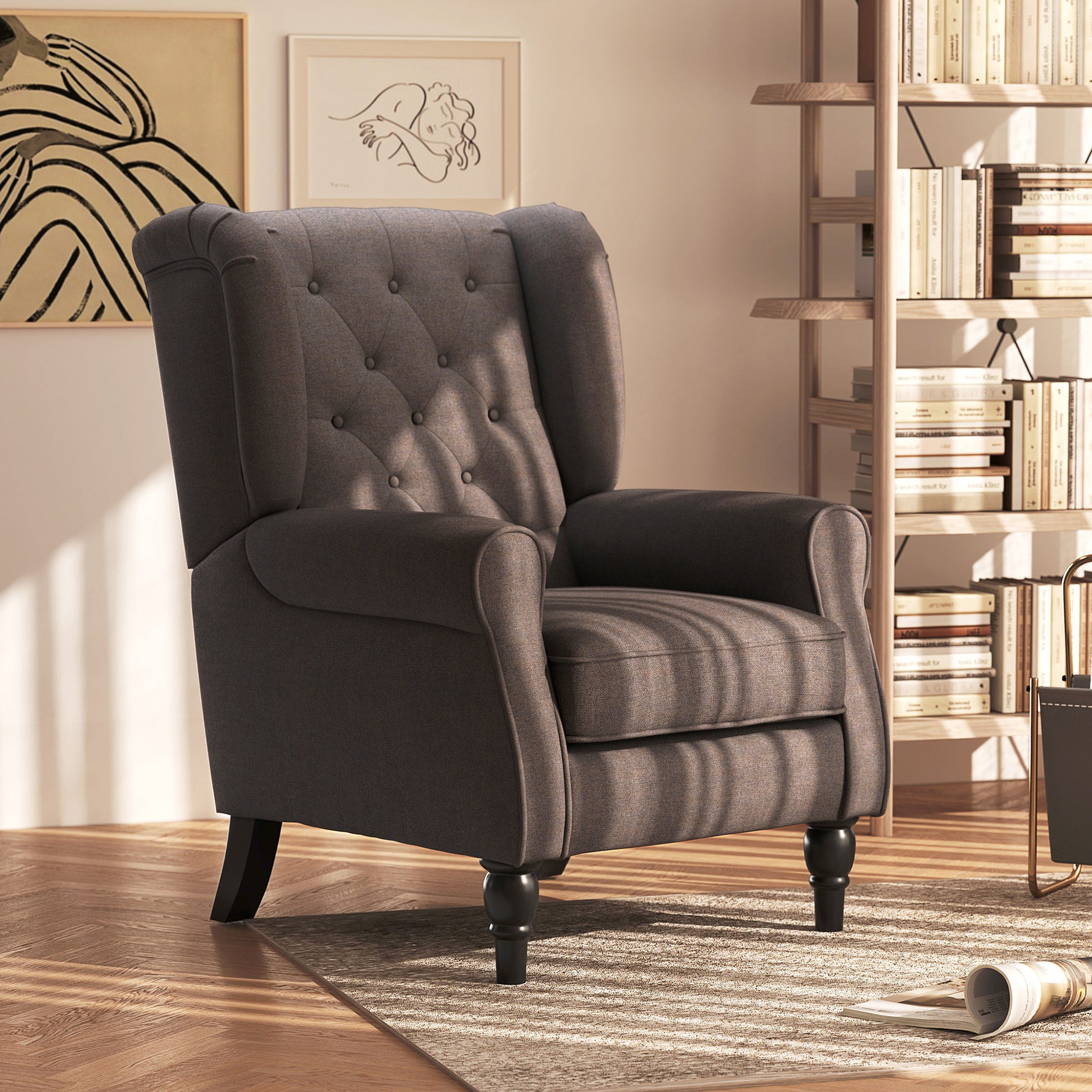 Fauteuil de salon capitonné avec assise large, pieds en bois, style classique, grand confort, 74 x 86 x 102 cm, marron