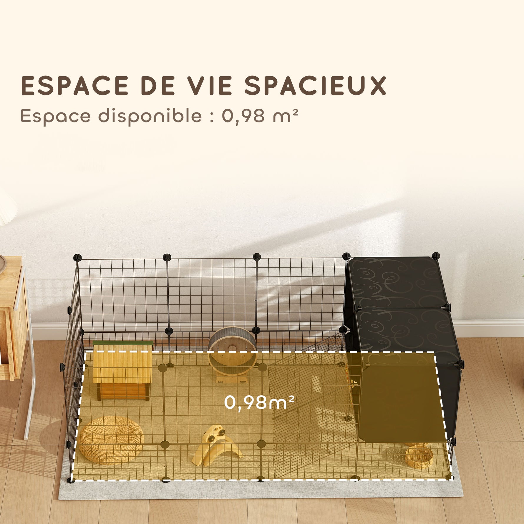 Enclos pour petits animaux, cage à lapin modulable 31 panneaux avec niches surélevées, en acier, 140x70x52cm, noir