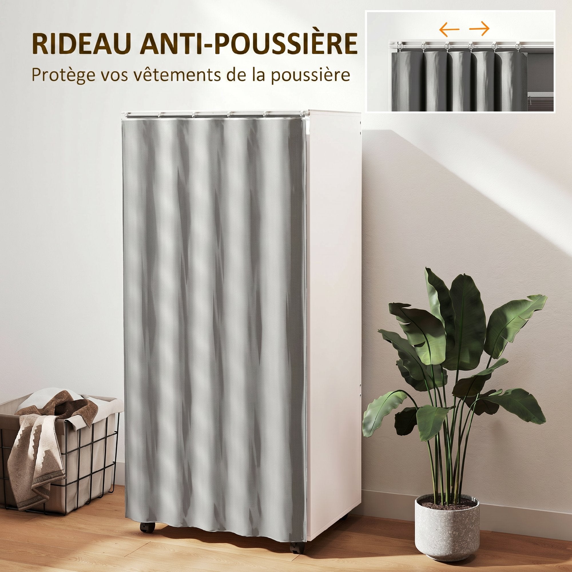 Armadio guardaroba mobile con tenda, asta appendiabiti, 60 x 40 x 128 cm, bianco