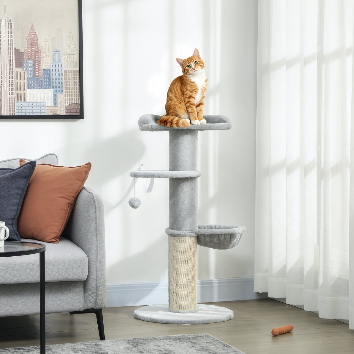 Arbre à chat tonneau à gratter pour chats griffoir en sisal, hamac, plateforme, balle jouet, Ø 48 x 103,5 cm, gris clair