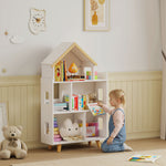 Libreria a forma di casetta per bambini, scaffale portaoggetti per giocattoli e libri, 3 livelli, 65 x 25 x 108,5 cm, bianco e naturale