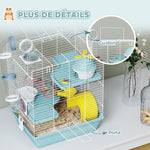 Cage hamster, cage rongeur à 3 niveaux, avec roue d'exercice, tunnel de jeu, gamelle, cabane, 34,5 x 27,5 x 41 cm, bleu