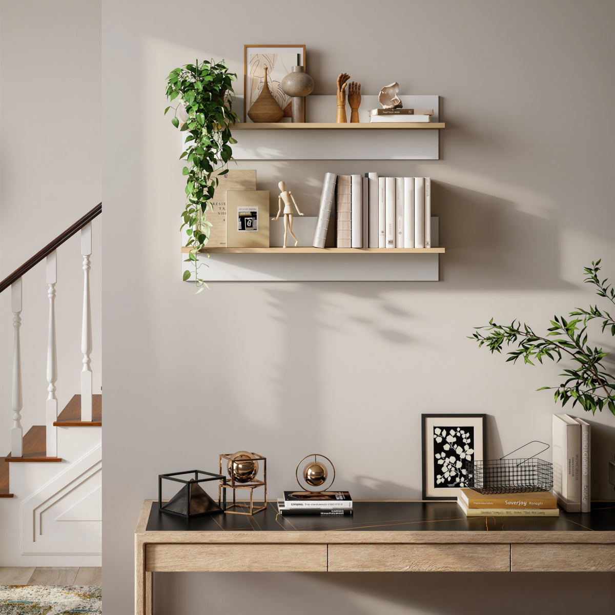 Lot de 2 étagères murales de 80 cm, étagères flottantes pour salon, entrée, chambre et cuisine, blanc et bois naturel