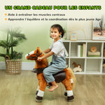 Cavallo giocattolo per bambini a rotelle con sella rialzata per bambini 3-5 anni, portata 60 kg, 70 x 28 x 70 cm, marrone