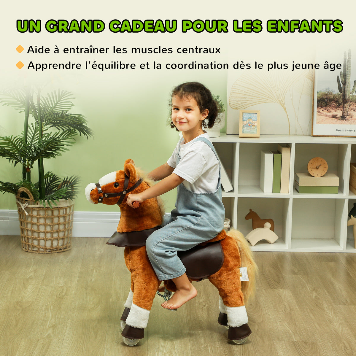 Cavallo giocattolo per bambini a rotelle con sella rialzata per bambini 3-5 anni, portata 60 kg, 70 x 28 x 70 cm, marrone