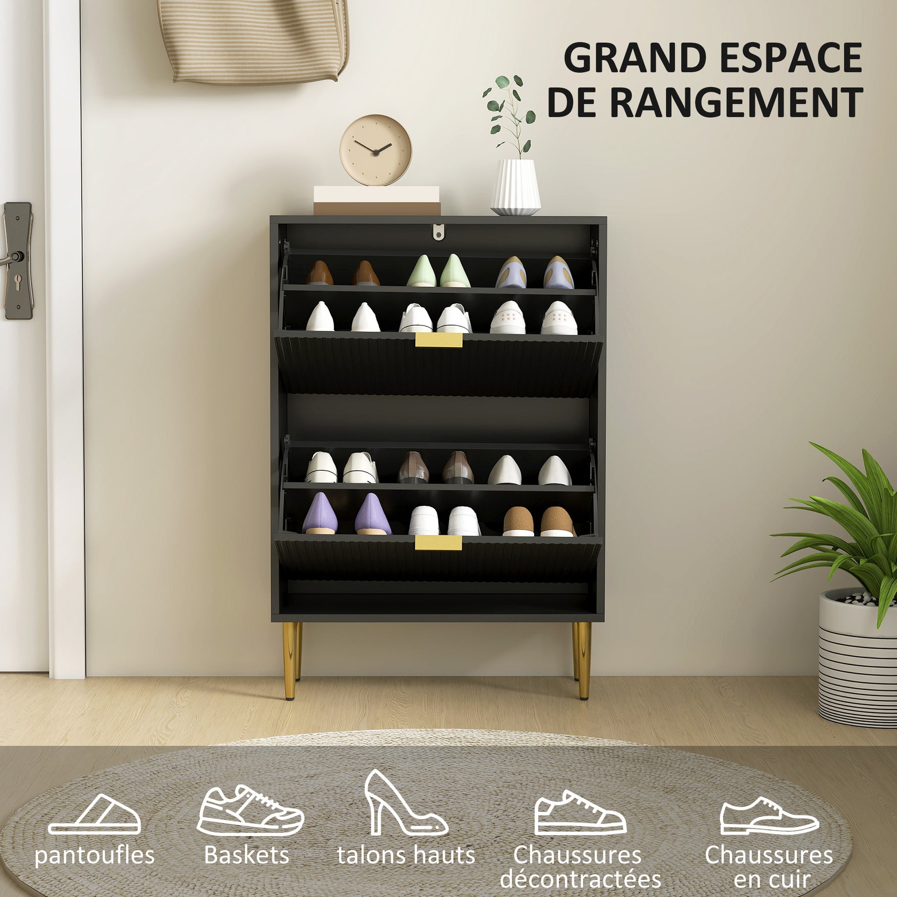 Meuble à chaussures 12 paires avec 2 tiroirs rabattables, portes cannelées et étagères réglables, 60x24x91,5cm, noir