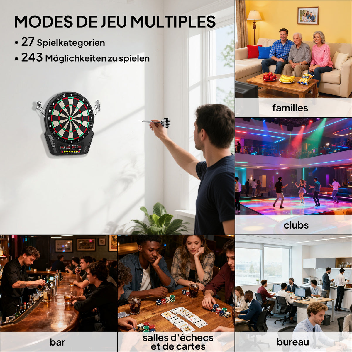 Cible Jeu de flechettes électronique Professionnel 27 jeux 243 variations - Fléchettes pour 1 à 16 joueurs, 6 fléchettes et 24 pointes souples, convient pour les fêtes et les soirées de jeu