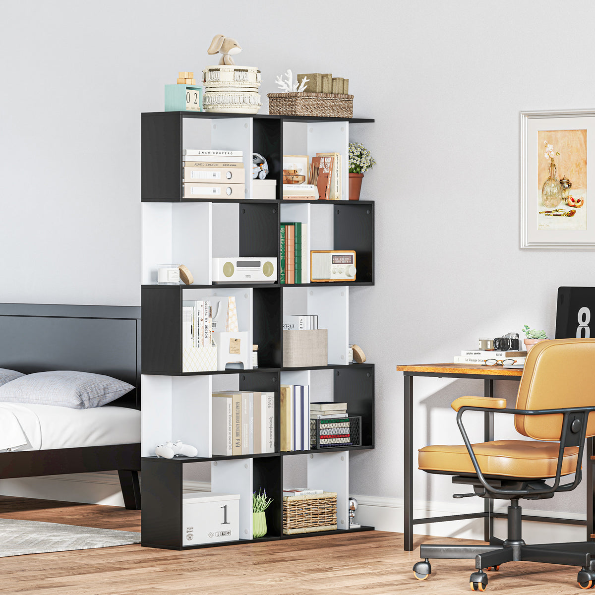 Boekenkast met 5 niveaus, S-vormig opbergmeubel met planken, opbergrek voor woonkamer, slaapkamer en kantoor, 60 x 24 x 184,5 cm, zwart, wit