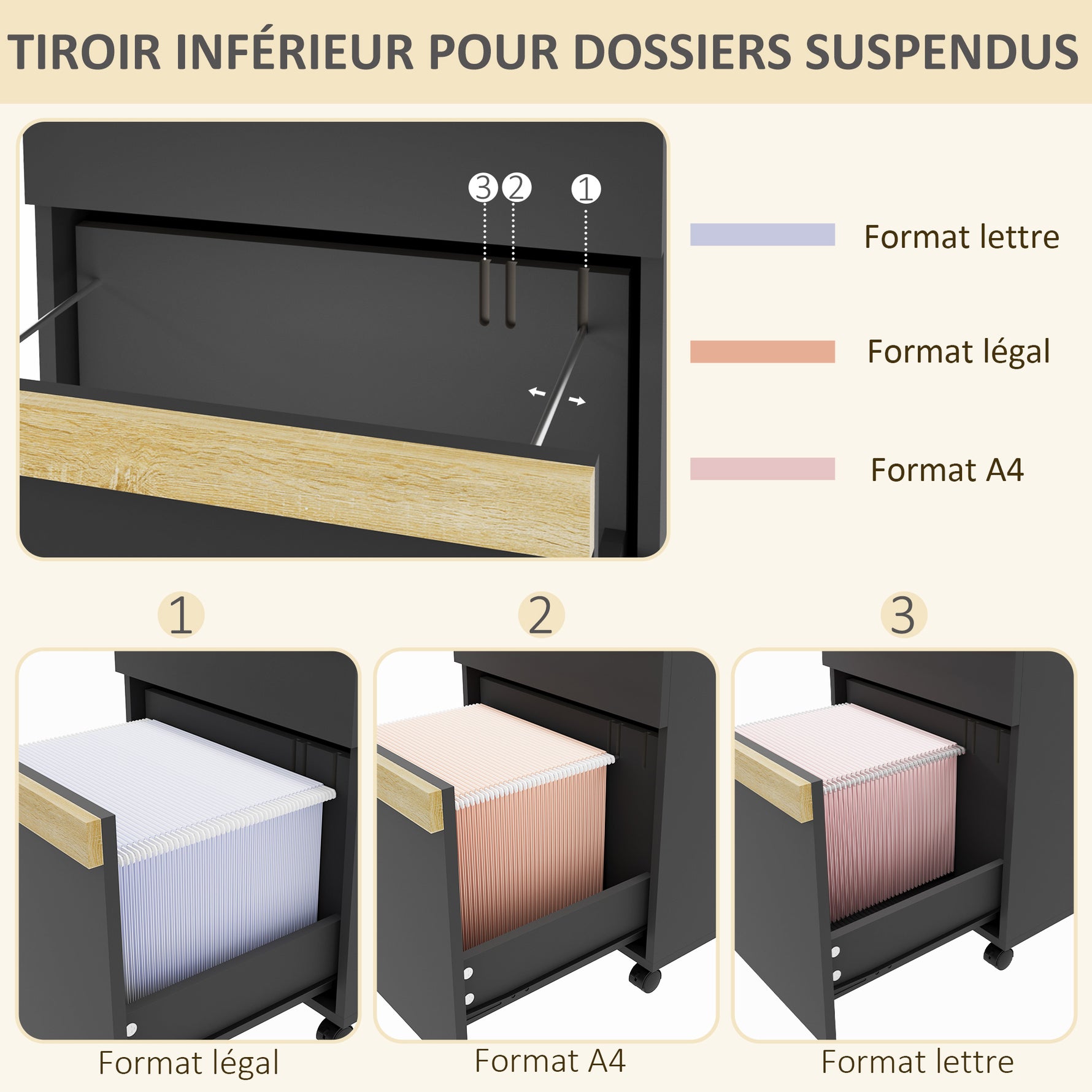 Caisson de bureau à roulettes avec 2 tiroirs coulissants trieur à dossiers 48 x 40 x 59,5 cm noir