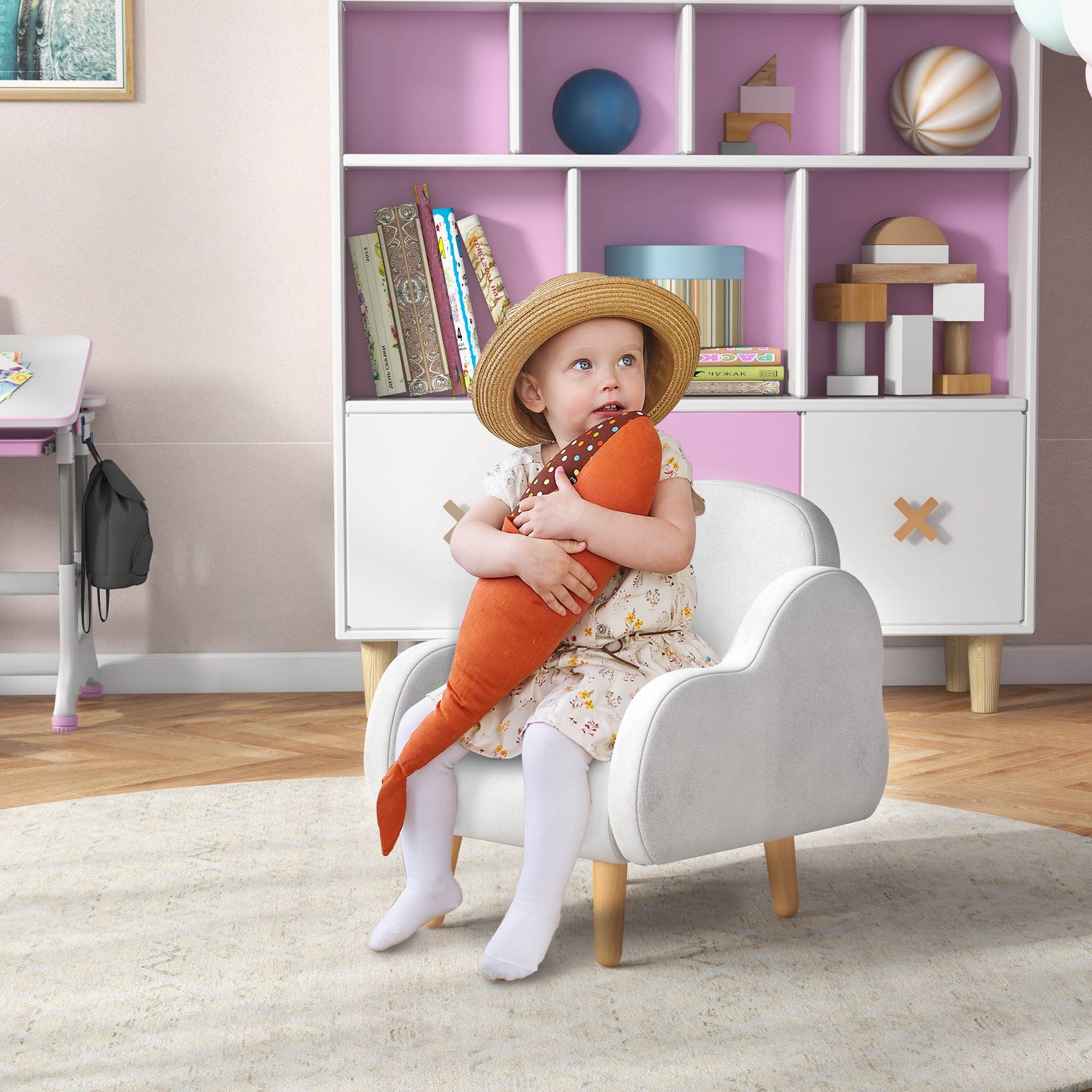 Fauteuil pour enfant design scandinave nuage grand confort avec piètement inclinés et tissu 46 x 51 x 55 cm blanc