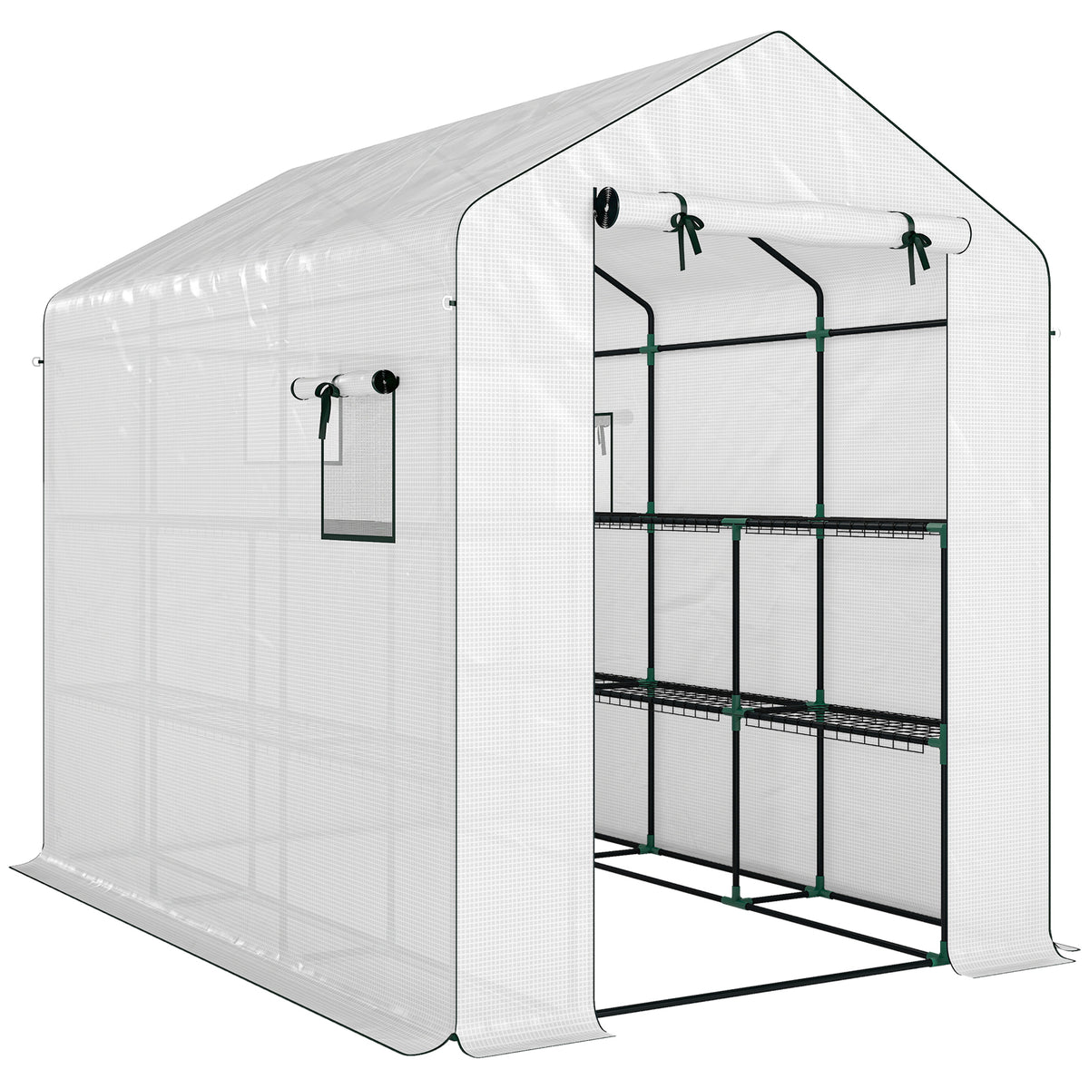 Serre de jardin 3 m² avec étagères 3 niveaux, PE renforcée 135 g/m² anti-UV, porte enroulable et fenêtres en maille