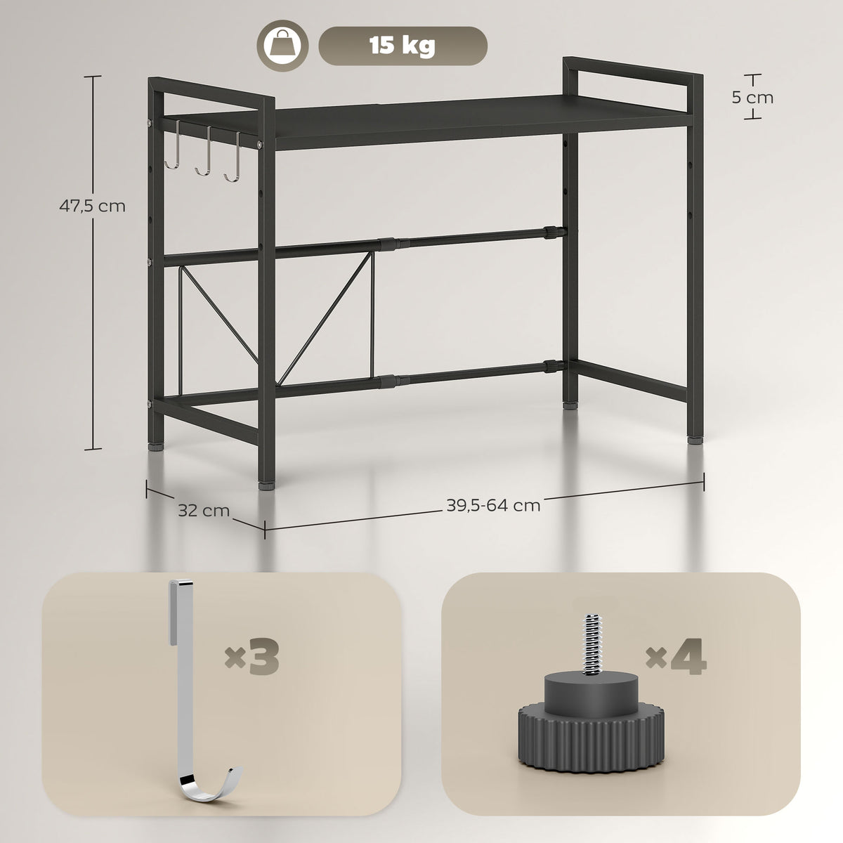 Étagère à micro-ondes extensible à 2 niveaux avec 3 crochets et cadre en métal, noir