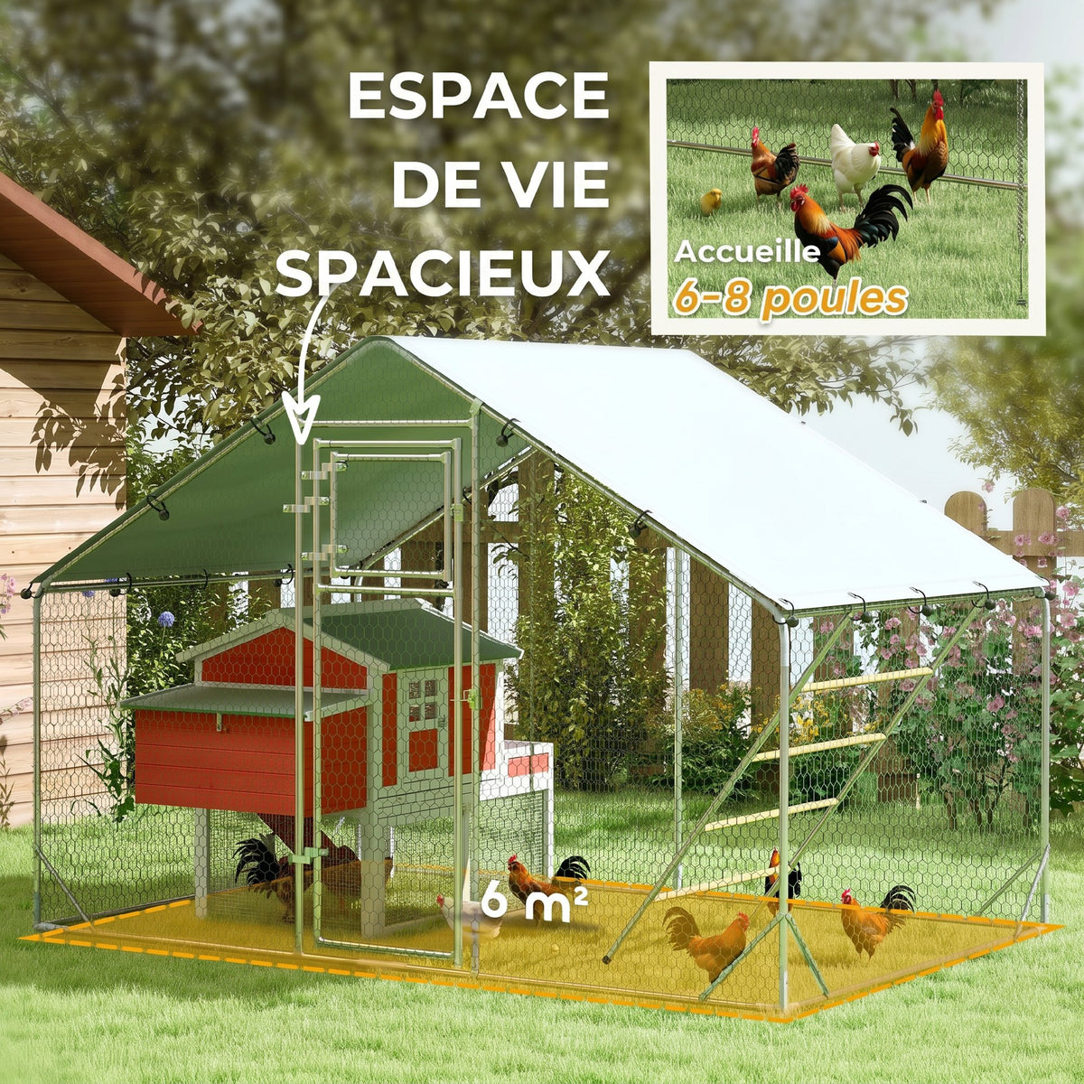 Enclos poulailler extérieur parc grillagé 6 m² avec perchoir et mangeoire acier galvanisé Ø25mm 300x200x195cm argent